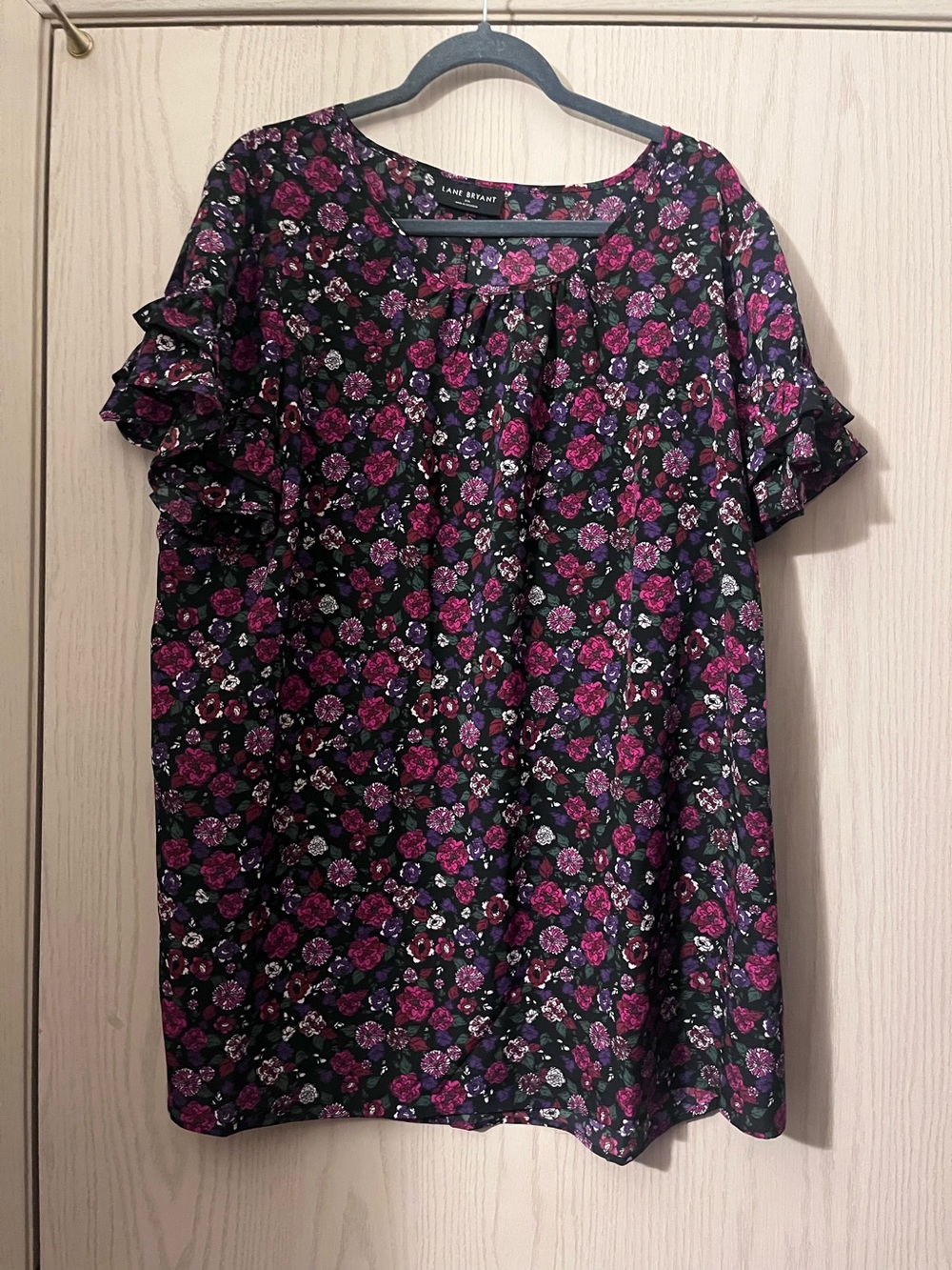 Lane Bryant Black Floral Ruffle-Sleeve Blouse with Magenta and Purple Roses